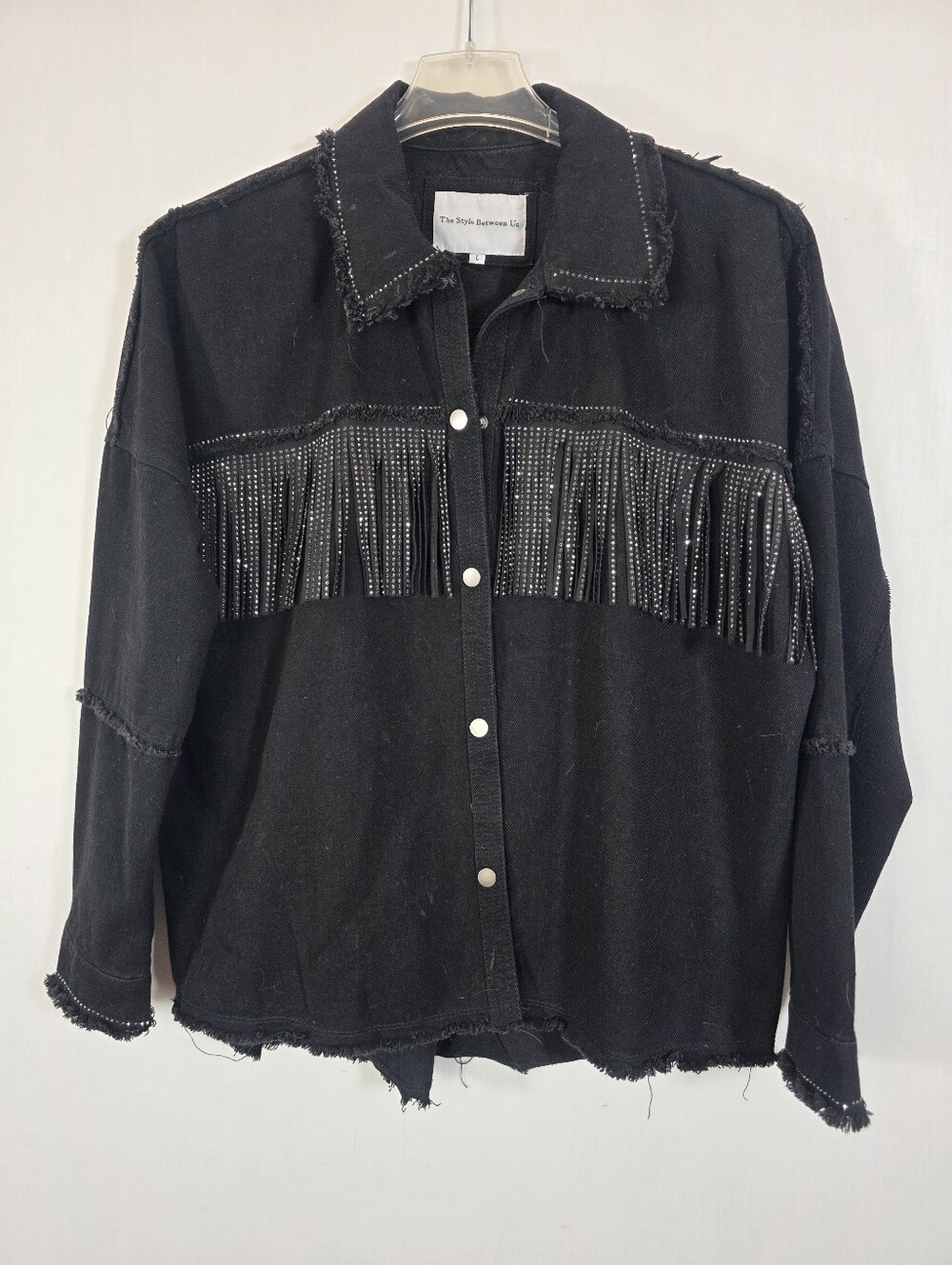 The Style Between Us Black Denim Fringe Rhinestone Shacket Jacket Large
